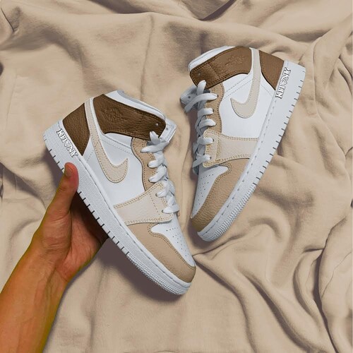 Light Beige Air Jordan 1 Mid Brown Jordans Custom Painted Etsy