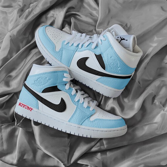 Baby Blue Air Jordan 1 Mid Custom Painted Jordans Black Etsy