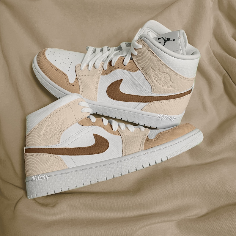 Light Beige Air Jordan 1 Mid, Brown Jordans, Custom Painted Chocolate Jordan 1, light beige tones sneakers, Christmas present 