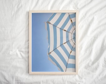 Blue Stripe Beach Umbrella Wall Art, Coastal Minimalist Print, Mediterranean Summer Decor, Luxury Beach Photography