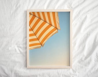 Retro Beach Umbrella Print, Orange Stripe Summer Art, Sky Photography (Digital Download)