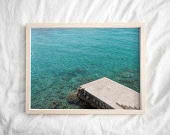Turquoise Sea Pier Print, Crystal Ocean Steps, Coastal Stone Art (Digital Download)