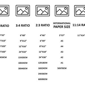May include: A black and white chart displaying five columns of print aspect ratios: 4:5, 3:4, 2:3, International Paper Size, and 11:14. Each column lists various dimensions in inches and centimetres, such as 4x5 inches, 16x20 inches, 40x50cm, A4, and 50x70cm.
