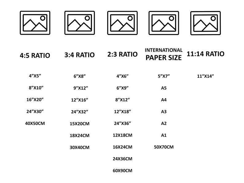 May include: A black and white chart displaying five columns of print aspect ratios: 4:5, 3:4, 2:3, International Paper Size, and 11:14. Each column lists various dimensions in inches and centimetres, such as 4x5 inches, 16x20 inches, 40x50cm, A4, and 50x70cm.