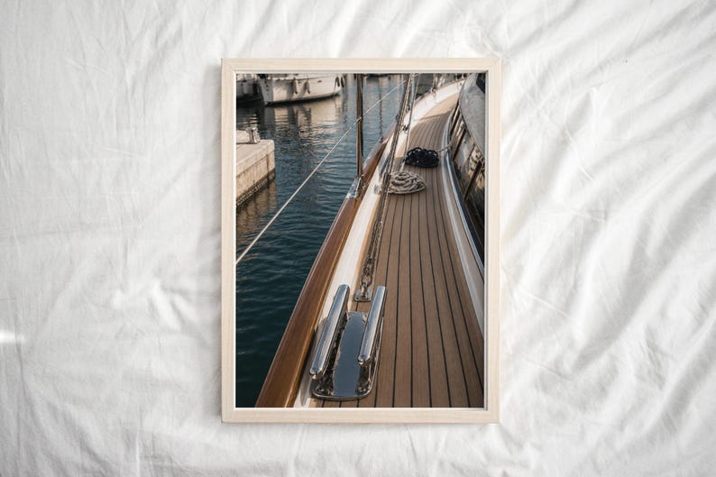Luxury Marina Yacht Wall Art, Sailing Deck Photography Print, Coastal Nautical Decor, Mediterranean Harbor Printable, Quiet Luxury Art image 1