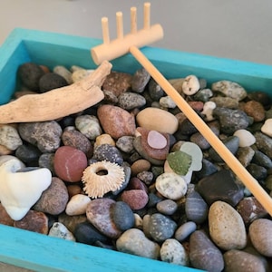 Peut inclure: Une scène de jardin miniature avec un râteau en bois, un petit seau et une variété de pierres lisses, grises et brunes dans une boîte en bois bleue.