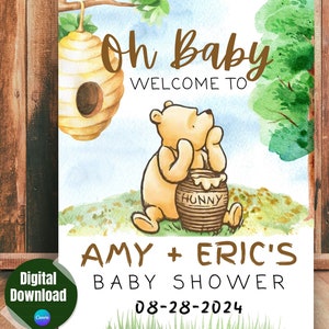Baby Shower Welcome Sign Winnie the Pooh Bear Baby Sign, baby shower sign for Boy gender neutral printable template, custom,DIGITAL DOWNLOAD