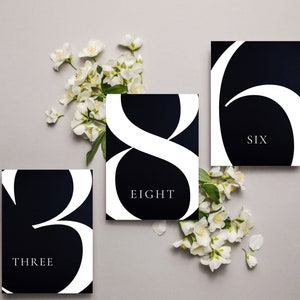 May include: Three black and white table number cards with the numbers "3", "6", and "8" in a stylized font. The numbers are written in white on a black background. The cards also include the words "THREE", "SIX", and "EIGHT" in white text below the numbers.