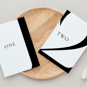 Puede incluir: Dos tarjetas blancas con acentos negros y las palabras "ONE" y "TWO" impresas en ellas. Las tarjetas est&aacute;n sobre un plato de madera.