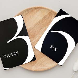 May include: Two black and white table number cards with a modern font. The card on the left says "THREE" and the card on the right says "SIX".