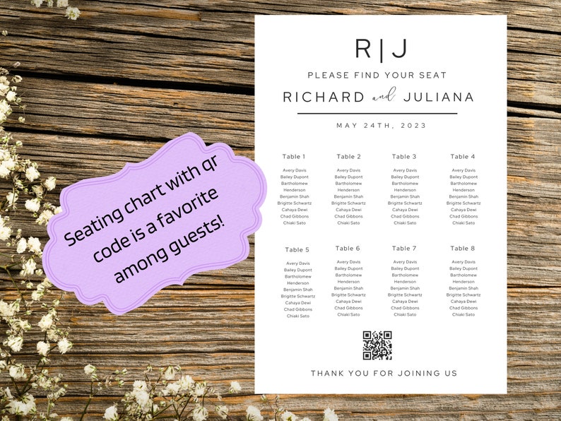 Reception Seat Chart With QR Code Wedding Reception Seating Etsy