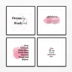 Girl Boss Pink Wall Art, Business office Quote, 4pc, Boss babe, Entrepreneur Motivational Inspirational Wall Art Printable Digital Download