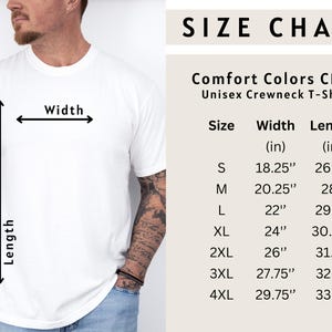 May include: Size chart for a unisex crewneck t-shirt from Comfort Colors C1717. The chart shows the width and length in inches for sizes S through 4XL.