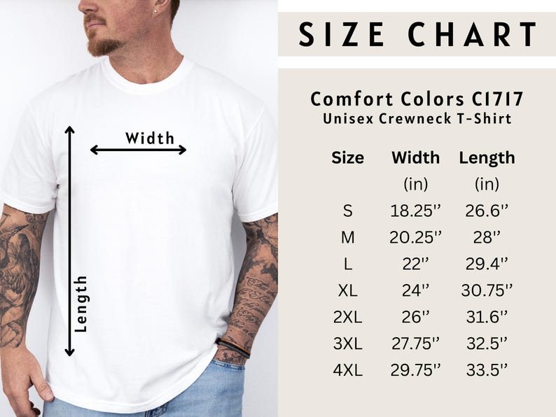 May include: Size chart for a unisex crewneck t-shirt from Comfort Colors C1717. The chart shows the width and length in inches for sizes S through 4XL.