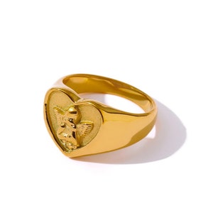 Heart Signet Gold Ring Angel Engraved Gold Ring Statement Signet Ring Heart Gold Ring Golden Heart Angel Ring