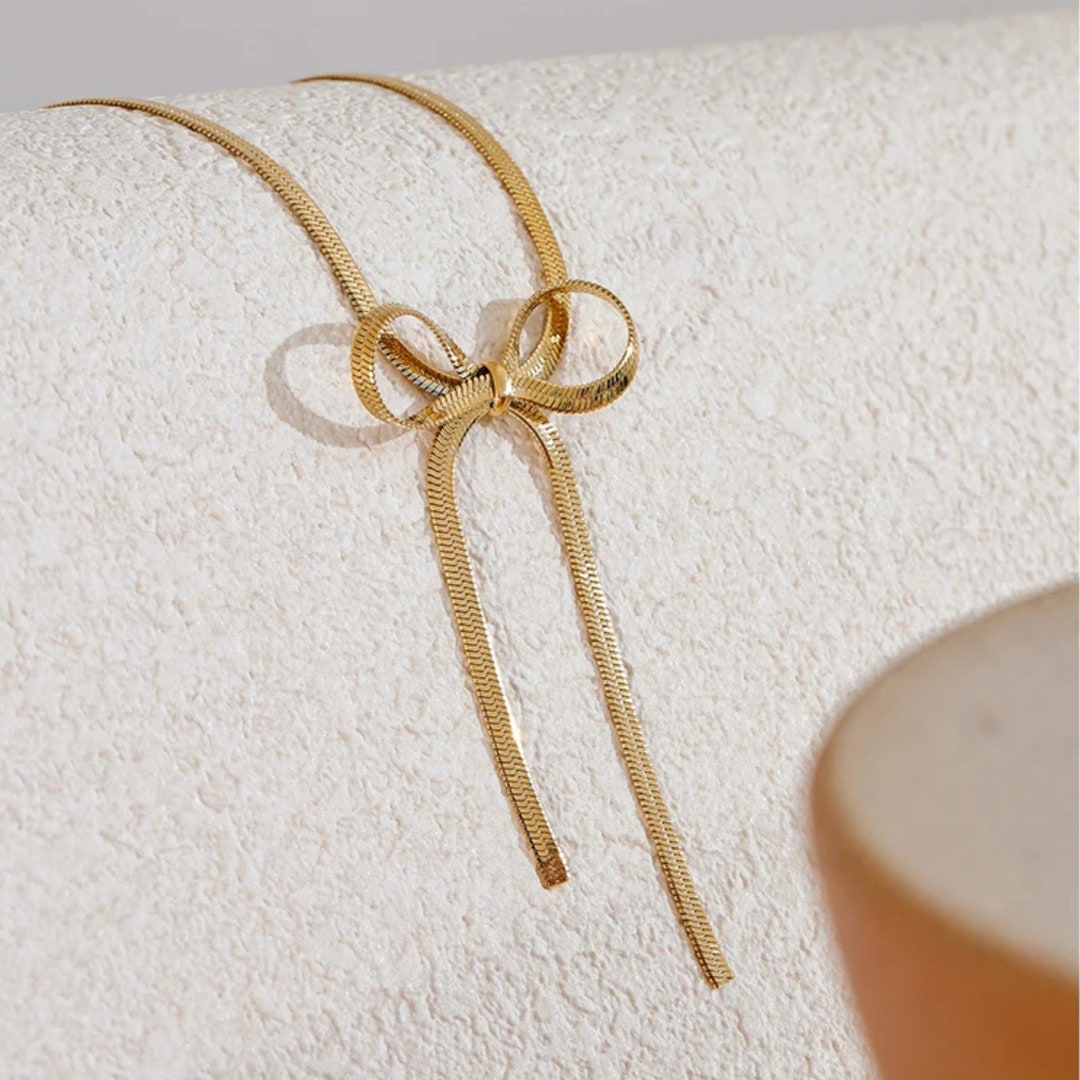 Ribbon Necklace Classic Bow Gold Necklace Herringbone Chain Bow Knot ...