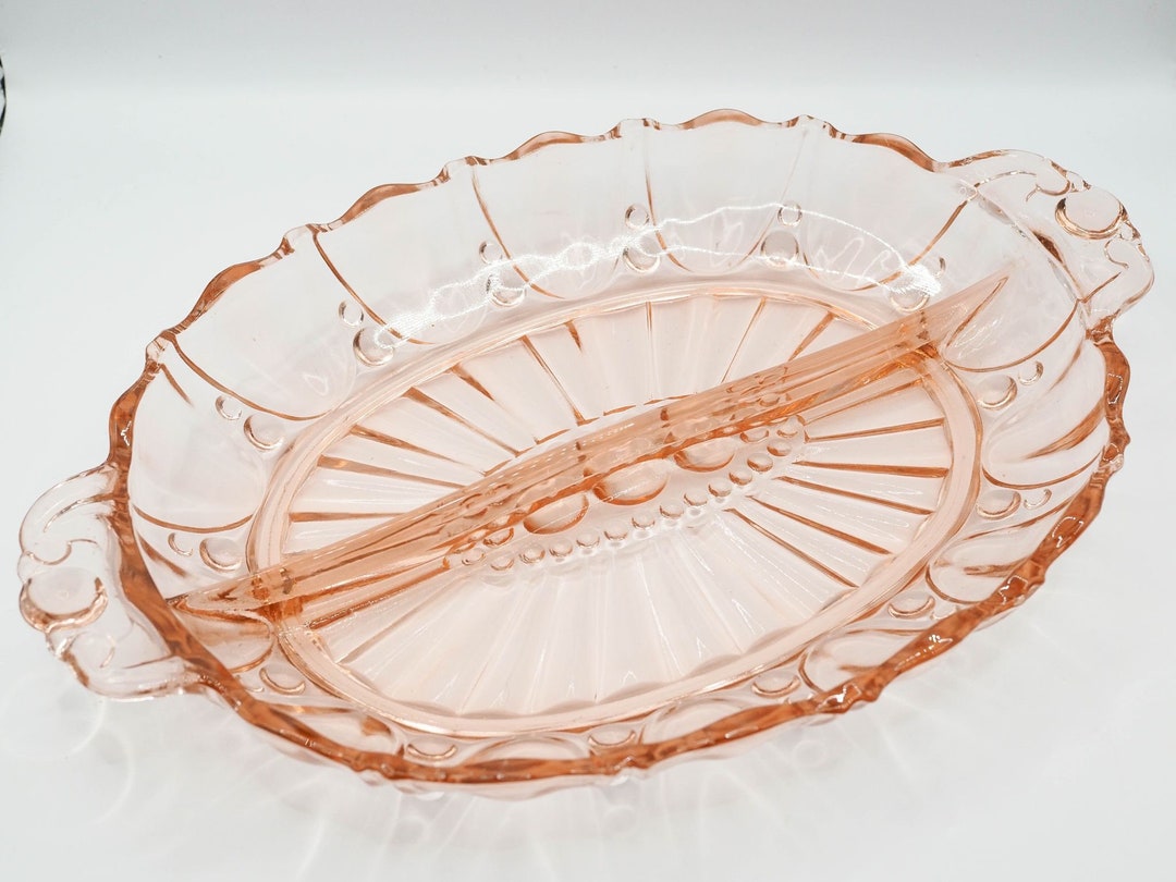 Vintage Pink Depression Glass Divided Dish, oyster and Pearl Pattern by