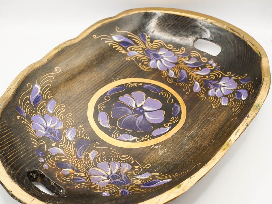 Vintage Decorative Tray/platter Toleware Wood Tray, Purple Flowers Etsy