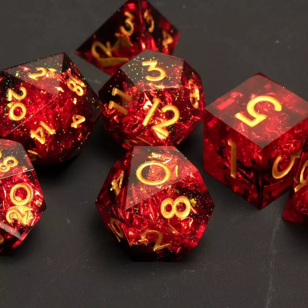 Red Sharp Edge Dice Set / D&D Dice Set / Transparent Resin Dice Set
