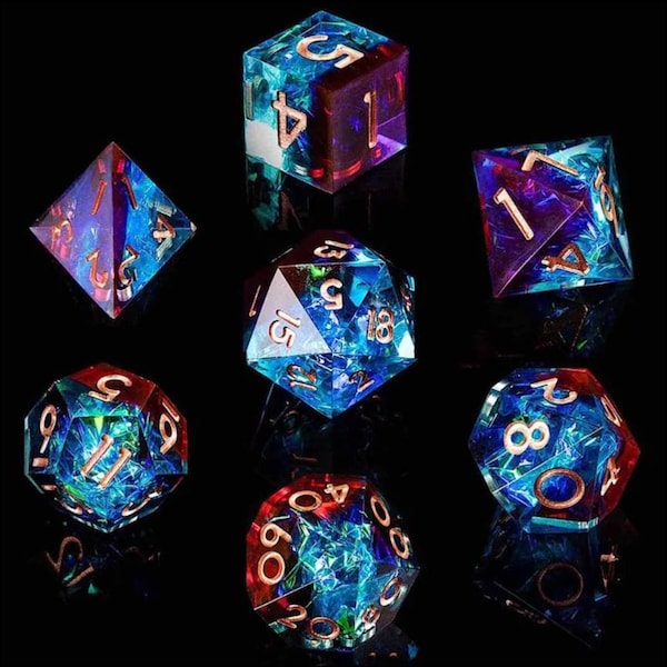 Blue Red Purple Sharp Edge Dice Set / D&D Dice Set / Transparent Resin RPG Dice Set / Polyhedral Dice Set /Role Playing Dice Set /7 Dice Set