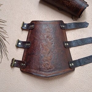 Archery Leather Bracer, Dark Brown Arm Guard with Custom Carving Vegtan Leather image 2
