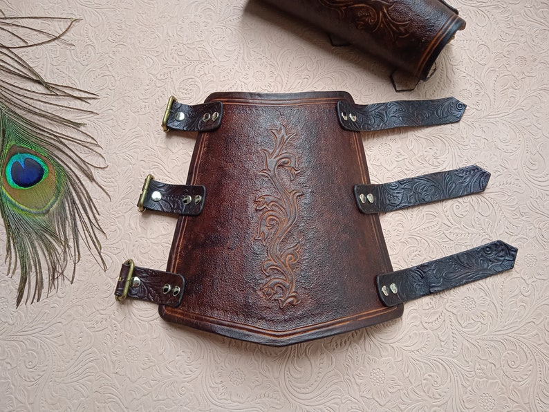 Archery Leather Bracer, Dark Brown Arm Guard with Custom Carving Vegtan Leather image 2