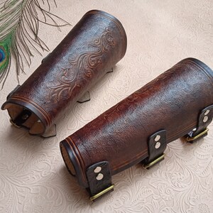 Archery Leather Bracer, Dark Brown Arm Guard with Custom Carving Vegtan Leather image 5