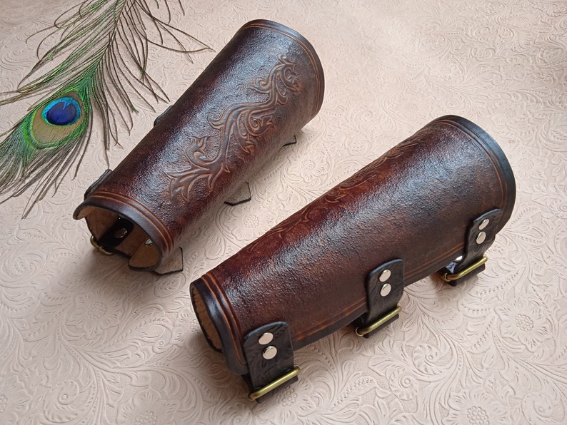 Archery Leather Bracer, Dark Brown Arm Guard with Custom Carving Vegtan Leather image 5