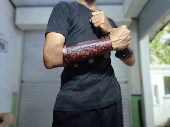 Archery Leather Bracer, Dark Brown  Arm Guard with Custom Carving Vegtan Leather