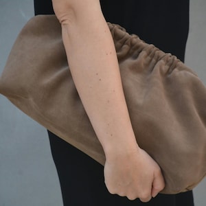 Handmade Suede leather Dumpling clutch in Khaki navy blue brown purple colors, Leather cloud bag, Oversized puffball retro purse