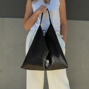 Black houndstooth genuine leather Japanese origami bag, Black bronze python print Large shopping handbag, Tote bag, Everyday shoulder bag
