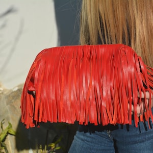 Genuine leather fringed framed clutch, Large cloud bag with tassels, Handmade Oversized puffball retro Dumpling purse