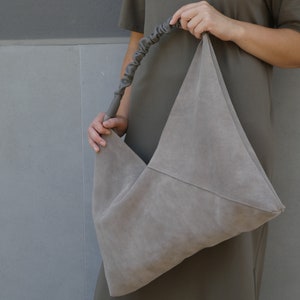 Suede leather Japanese origami bag in gray green khai camel colors, Large leather shopping handbag, Tote bag, Everyday slouchy shoulder bag