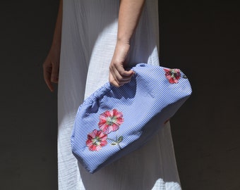 Striped floral summer cloud clutch, Cotton bag in blue white stripes with embroidered flowers, Oversized trendy handbag, Large retro purse