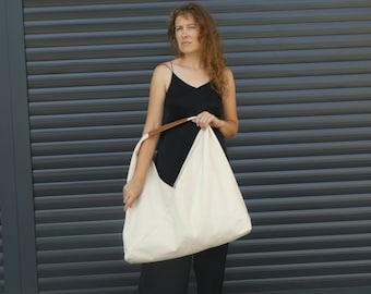 Oversized Strong canvas Japanese origami bag with leather handle, Large shopping handbag, Tote bag for women, Everyday slouchy shoulder bag