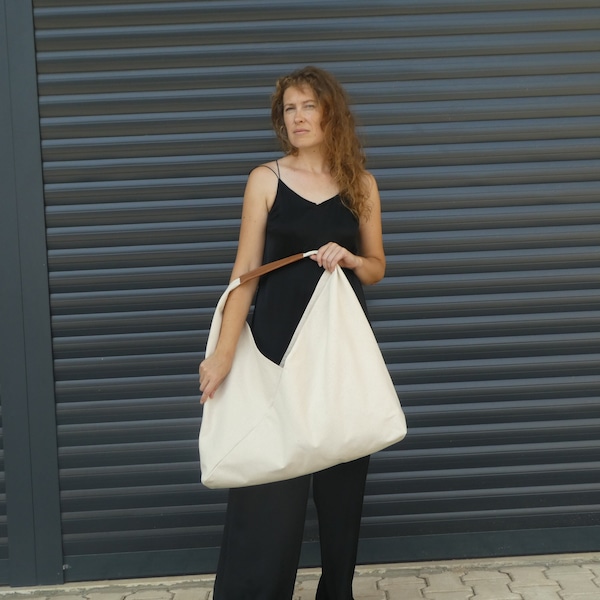 Bolsa de origami japonesa de lona grande e forte com alça de couro, bolsa grande para compras, bolsa tote para mulheres, bolsa de ombro folgada para o dia a dia