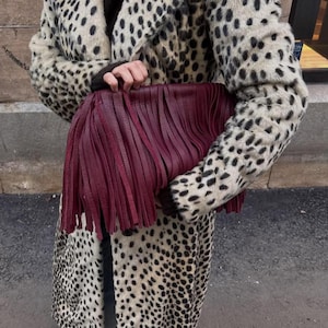 Burgundy genuine leather fringed framed clutch, Leather large cloud bag with tassels, Handmade Oversized puffball retro Dumpling purse
