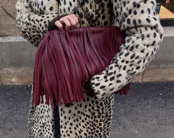 Burgundy genuine leather fringed framed clutch, Leather large cloud bag with tassels, Handmade Oversized puffball retro Dumpling purse