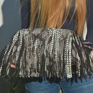 Snake Print Fringe Clutch, Leather Tassel Bag, Boho Western Statement Handbag, Festival Evening Pouch
