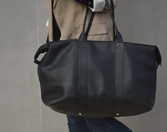 Sterke lederen Weekender Bag in zwart, Heren plunjezak, Grote nachtelijke lederen Handbagagetas voor dames, Vakantie Duffel Handtas