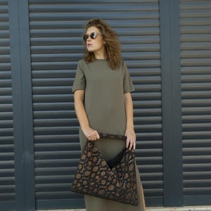 Genuine leather Japanese origami bag in python print, Black - bronze Large shopping handbag, Tote bag for women, Everyday shoulder bag