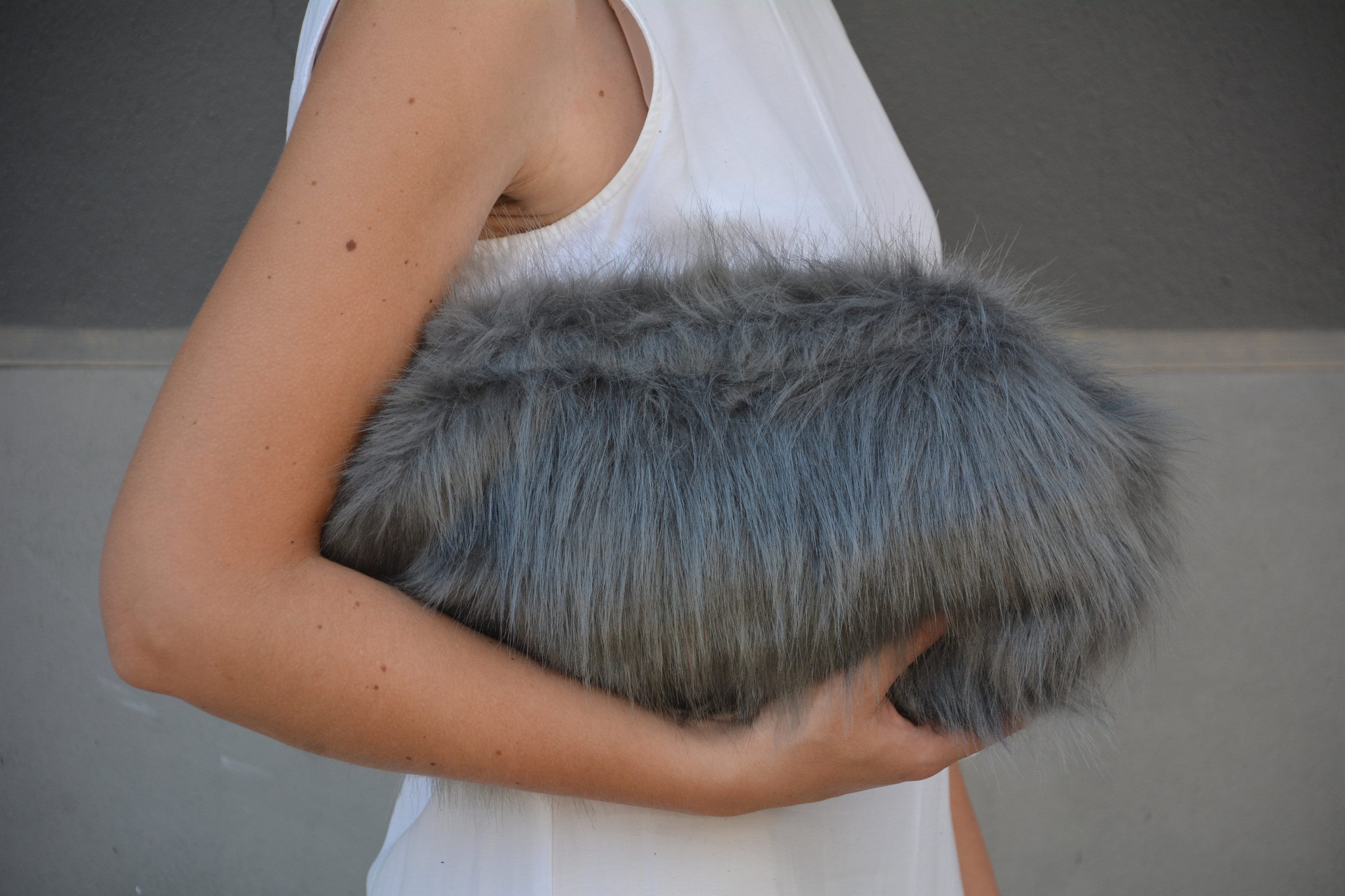 Luxury Long Pile Faux Fur Clutch in White Color, Brides Eco Fur 