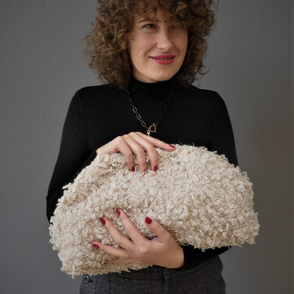 Pochette Dumpling en tissu bouclé, Sac nuage blanc crème ivoire noir, Sac à main souple bouclé surdimensionné, Porte-monnaie rétro en fausse fourrure, Grand sac en peluche