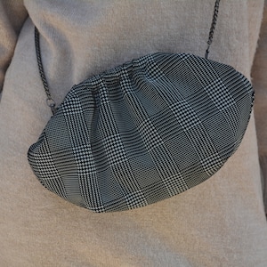 Mini cloud clutch in black - white Houndstooth pattern genuine leather, Handmade ladies Dumpling bag with crossbody chain, Evening retro