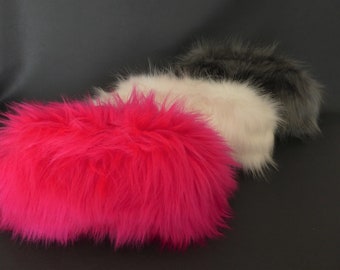 Luxury Long Pile Faux Fur clutch in gray white, Eco Fur Fuchsia handbag, Plush Fluffy purse, Women Fashion Accessories