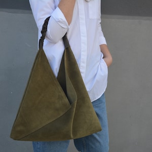 Suede leather Japanese origami bag, Large leather shopping handbag, Tote bag for women, Everyday slouchy shoulder bag, Overnight travel bag