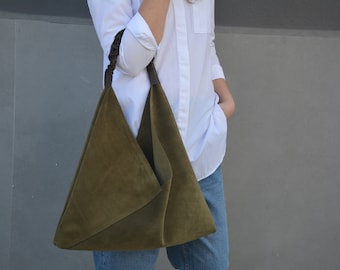 Suede leather Japanese origami bag, Large leather shopping handbag, Tote bag for women, Everyday slouchy shoulder bag, Overnight travel bag