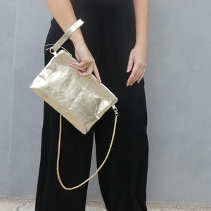 Bolso de mano de cuero genuino metalizado hecho a mano, bolso bandolera con cadena, bolso de noche con cremallera superior, bolso de mano para bodas dorado y plateado