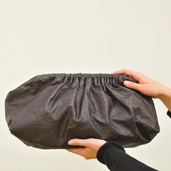 Handmade Ostrich Embossed Leather Clutch, Ruched Brown Statement Bag, Handmade Dumpling Purse