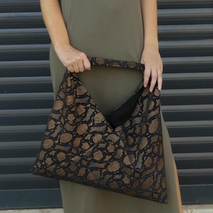 Genuine leather Japanese origami bag in python print, Black - bronze Large shopping handbag, Tote bag for women, Everyday shoulder bag